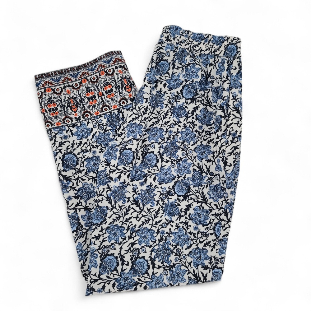 Talbots Pants Size 6 Floral‎ Pull-On Blue White Boho Border Print Elastic Waist